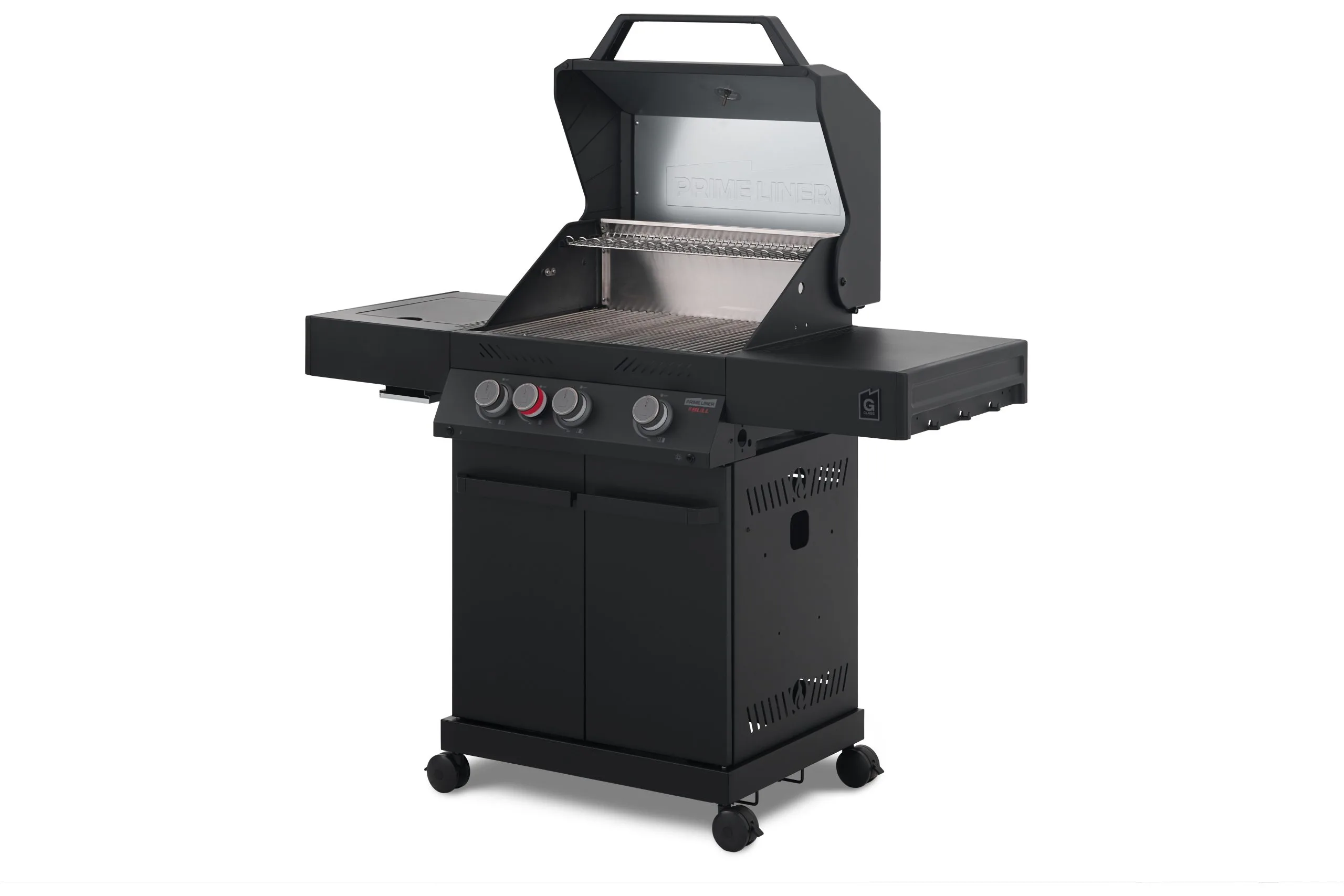 A right three-quarter angled view of a matte black Primeliner G3 gas barbecue grill with its hood open, showing the main cooking grates, side panels, and lower storage cabinet on wheels.