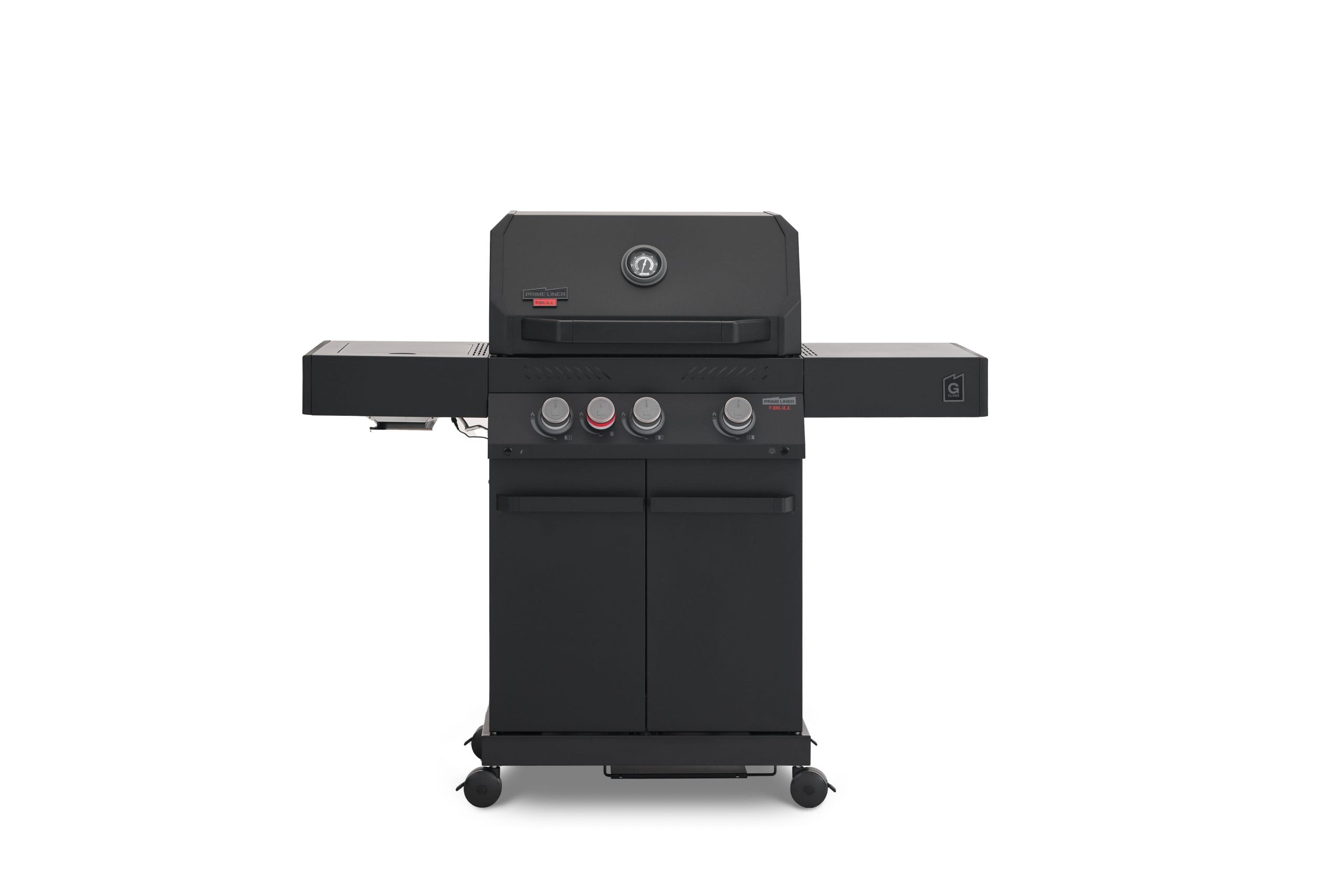 A direct front view of a matte black Primeliner G3 gas barbecue grill featuring a closed lid with an integrated temperature gauge, four control knobs, dual side shelves, and a two-door storage cabinet on wheels.