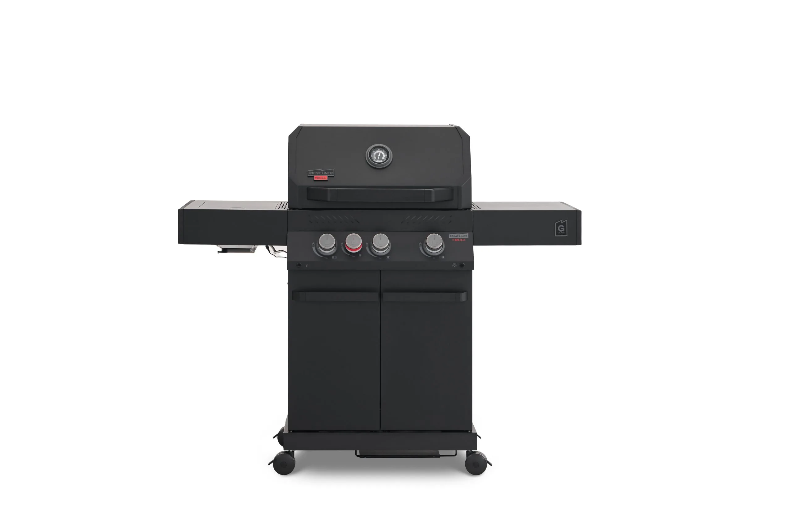 A direct front view of a matte black Primeliner G3 gas barbecue grill featuring a closed lid with an integrated temperature gauge, four control knobs, dual side shelves, and a two-door storage cabinet on wheels.