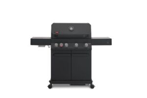 A direct front view of a matte black Primeliner G4 gas barbecue grill featuring a closed lid with an integrated temperature gauge, five control knobs, dual side shelves, and a two-door storage cabinet on wheels.
