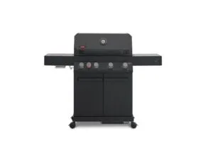 A direct front view of a matte black Primeliner G4 gas barbecue grill featuring a closed lid with an integrated temperature gauge, five control knobs, dual side shelves, and a two-door storage cabinet on wheels.
