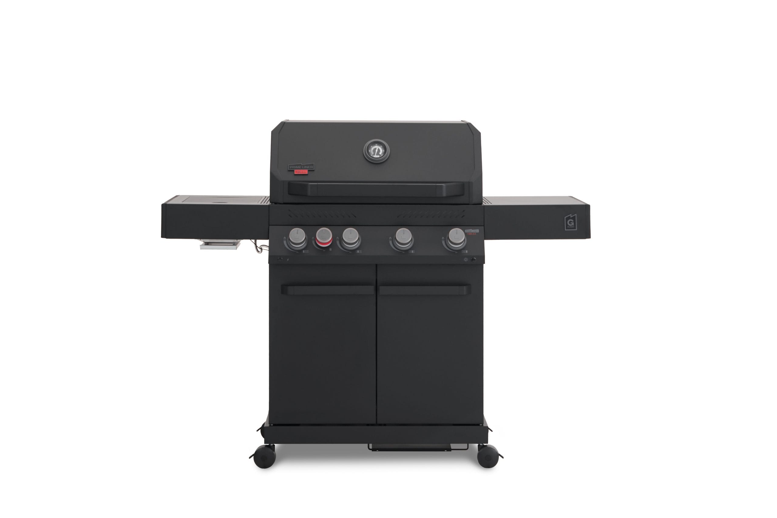 A direct front view of a matte black Primeliner G4 gas barbecue grill featuring a closed lid with an integrated temperature gauge, five control knobs, dual side shelves, and a two-door storage cabinet on wheels.