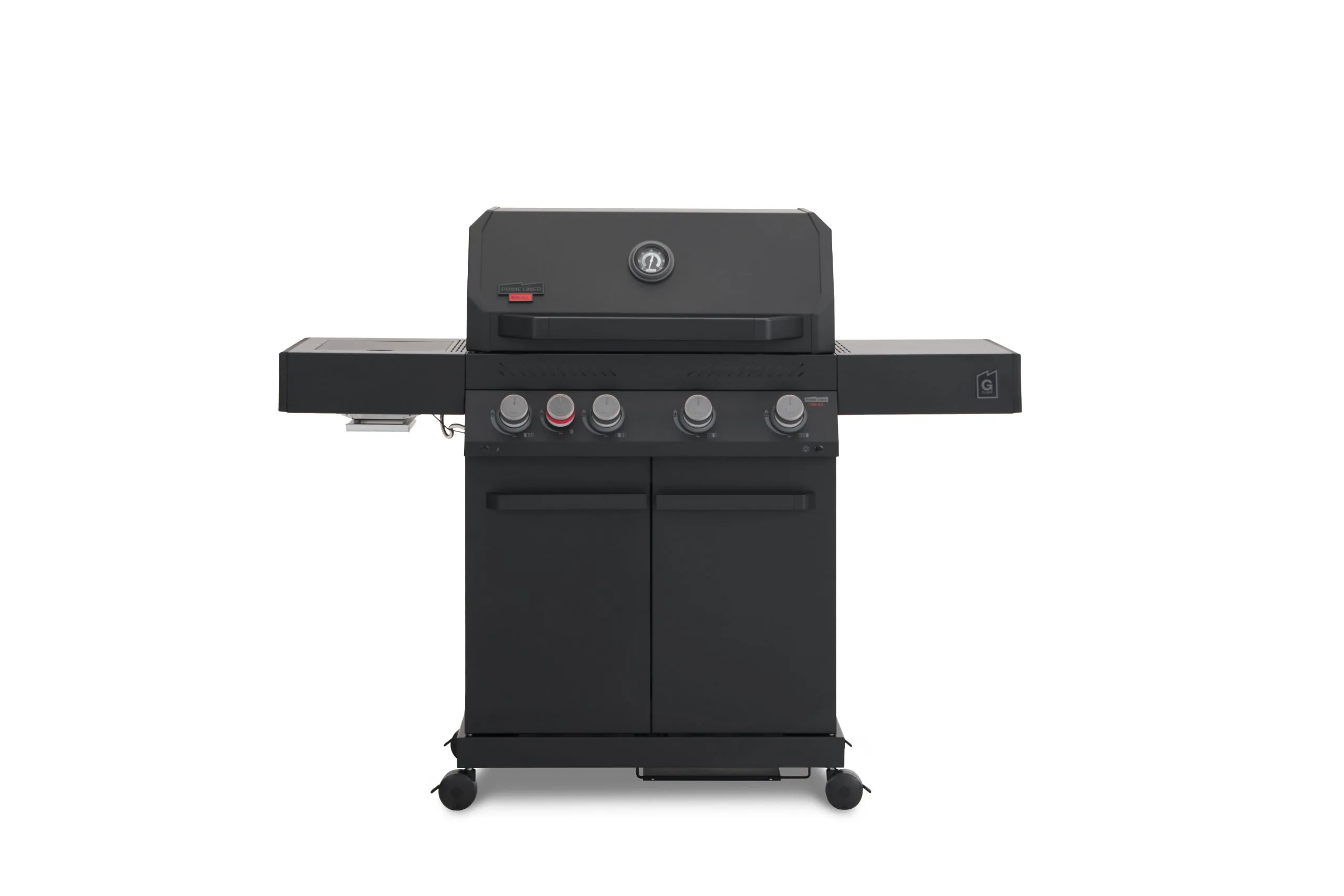 A direct front view of a matte black Primeliner G4 gas barbecue grill featuring a closed lid with an integrated temperature gauge, five control knobs, dual side shelves, and a two-door storage cabinet on wheels.