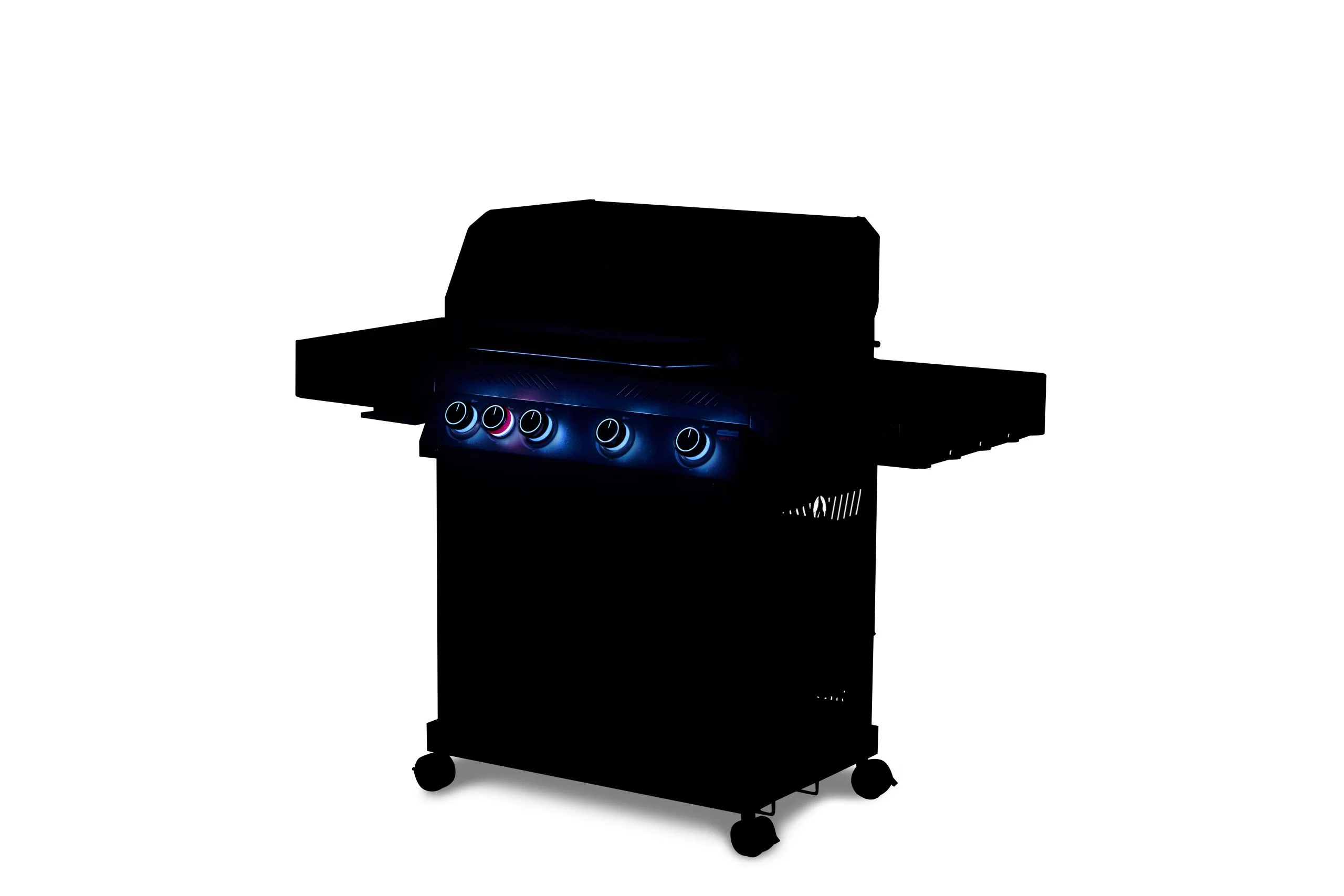 A studio silhouette shot of the Primeliner G4 gas barbecue grill in the dark, highlighting the vibrant blue and red backlit LED control dials on the main panel.