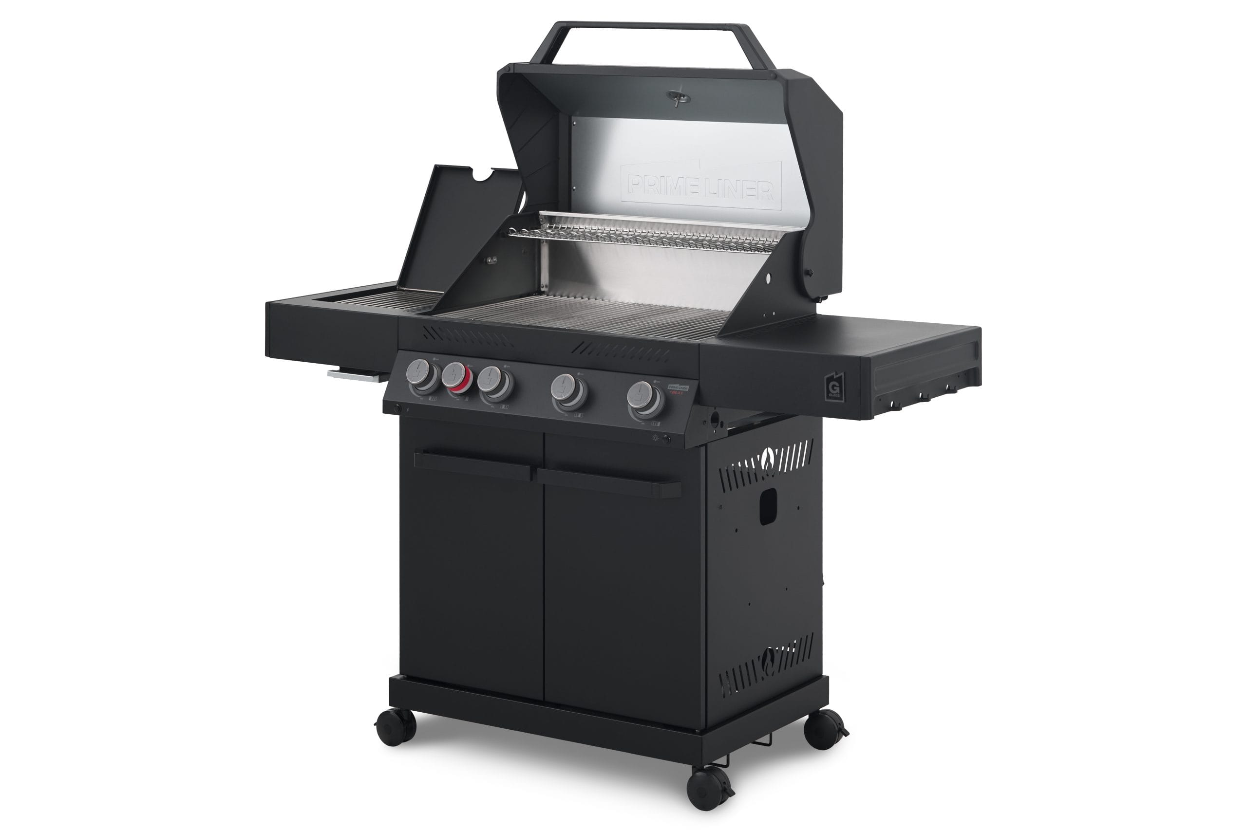 A right three-quarter angled view of a matte black Primeliner G4 gas barbecue grill with its hood open, showing the cooking grates, open side burner lid, and lower storage cabinet on wheels.
