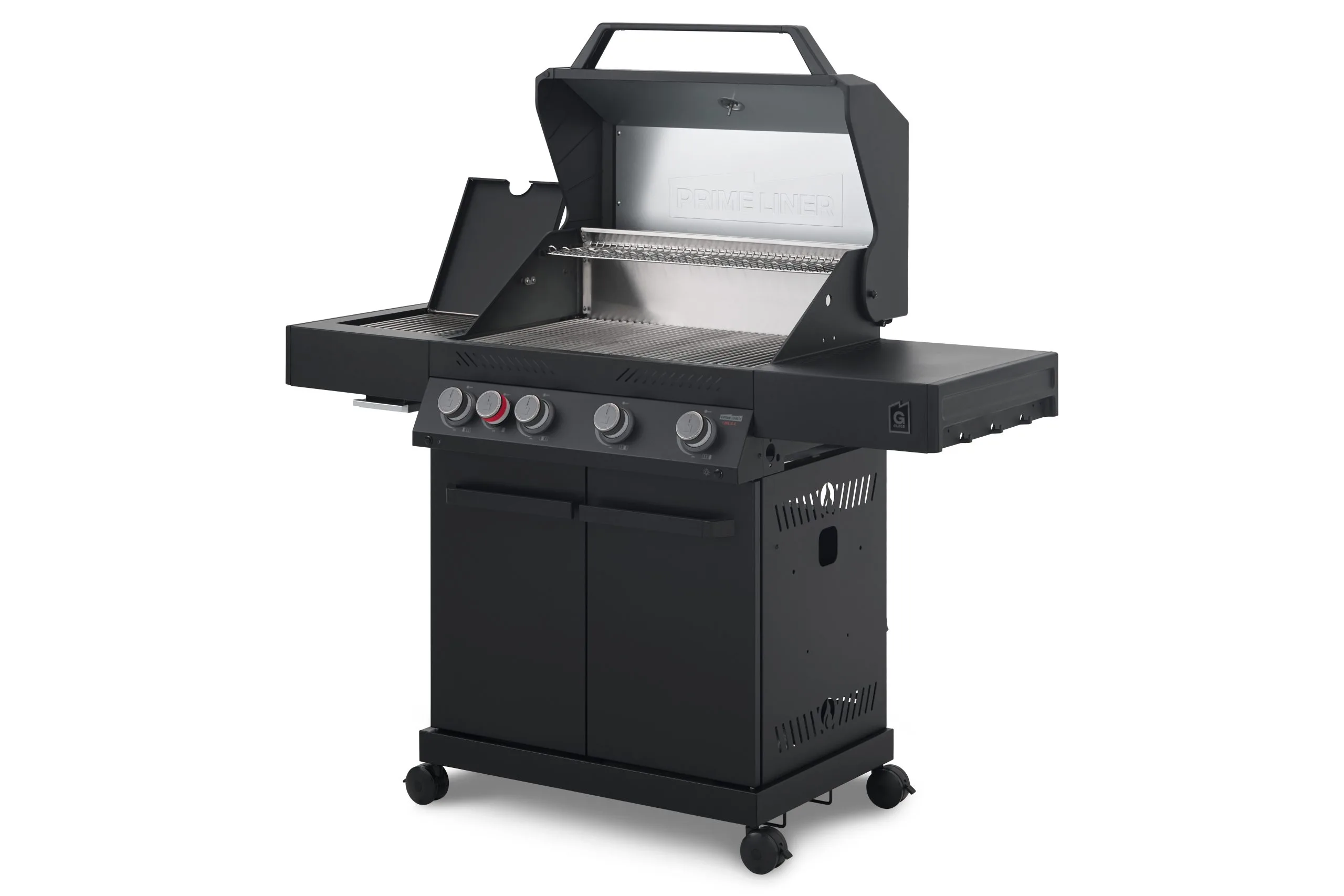 A right three-quarter angled view of a matte black Primeliner G4 gas barbecue grill with its hood open, showing the cooking grates, open side burner lid, and lower storage cabinet on wheels.