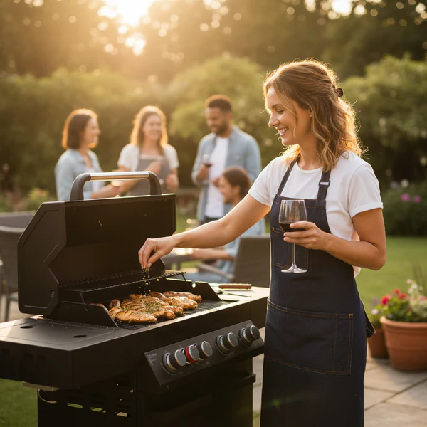 A smiling woman in a denim apron holding a glass of red wine while seasoning chicken breasts on an open matte black Primeliner G4 gas barbecue, with friends chatting in a sunlit backyard.