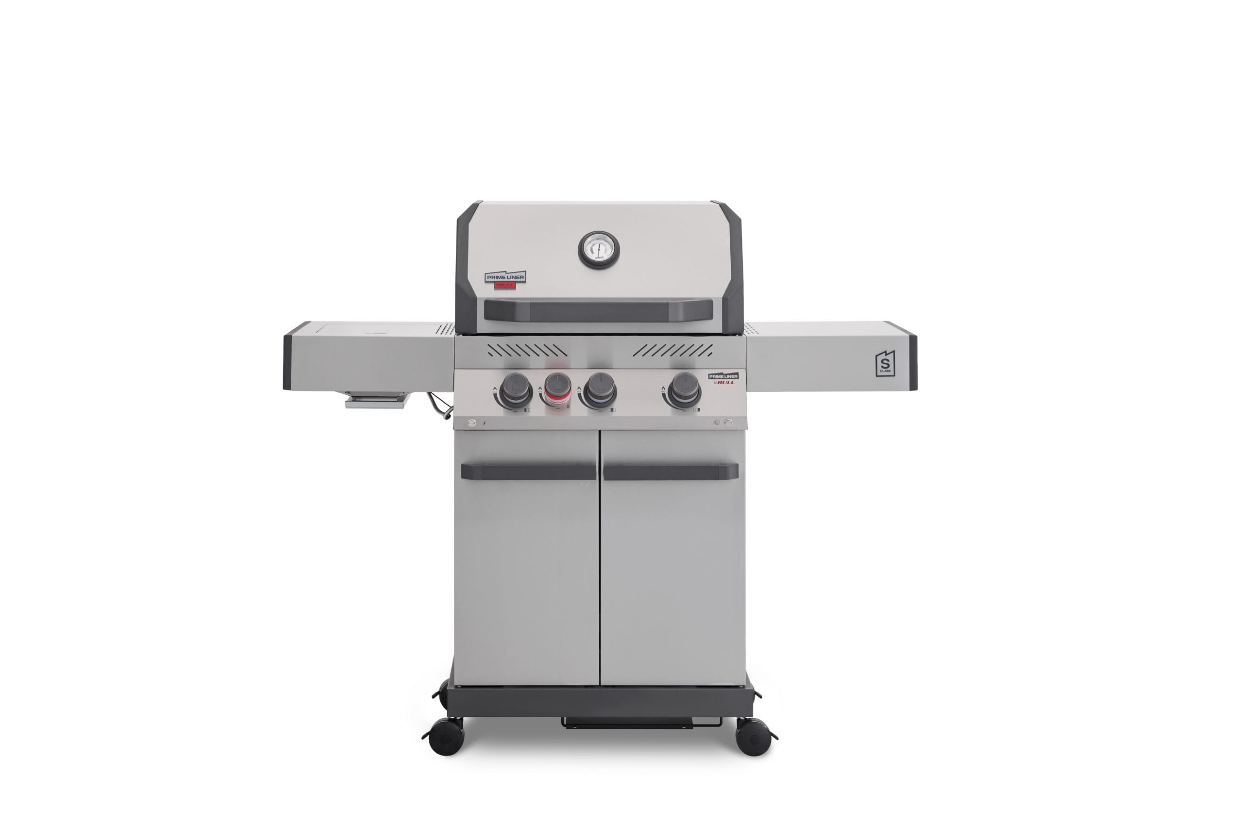 A direct front view of a stainless steel Primeliner S3 gas barbecue grill featuring a closed lid with an integrated temperature gauge, four control knobs, dual side shelves, and a two-door storage cabinet on wheels.