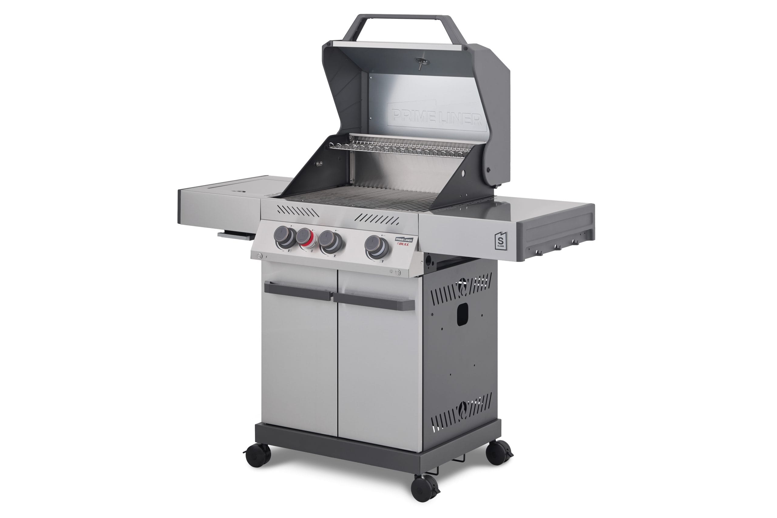 A right three-quarter angled view of a stainless steel Primeliner S3 gas barbecue grill with its hood open, showing the main cooking grates, side panels, and lower storage cabinet on wheels.