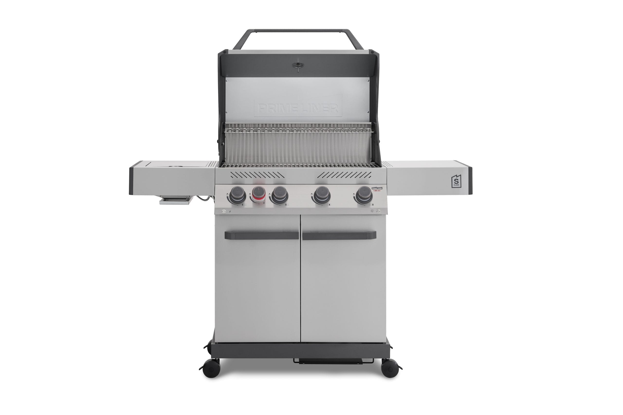 A direct front view of a stainless steel Primeliner S4 gas barbecue grill with its hood fully open, showcasing the heavy-duty cooking grates, internal warming rack, and five front control knobs.