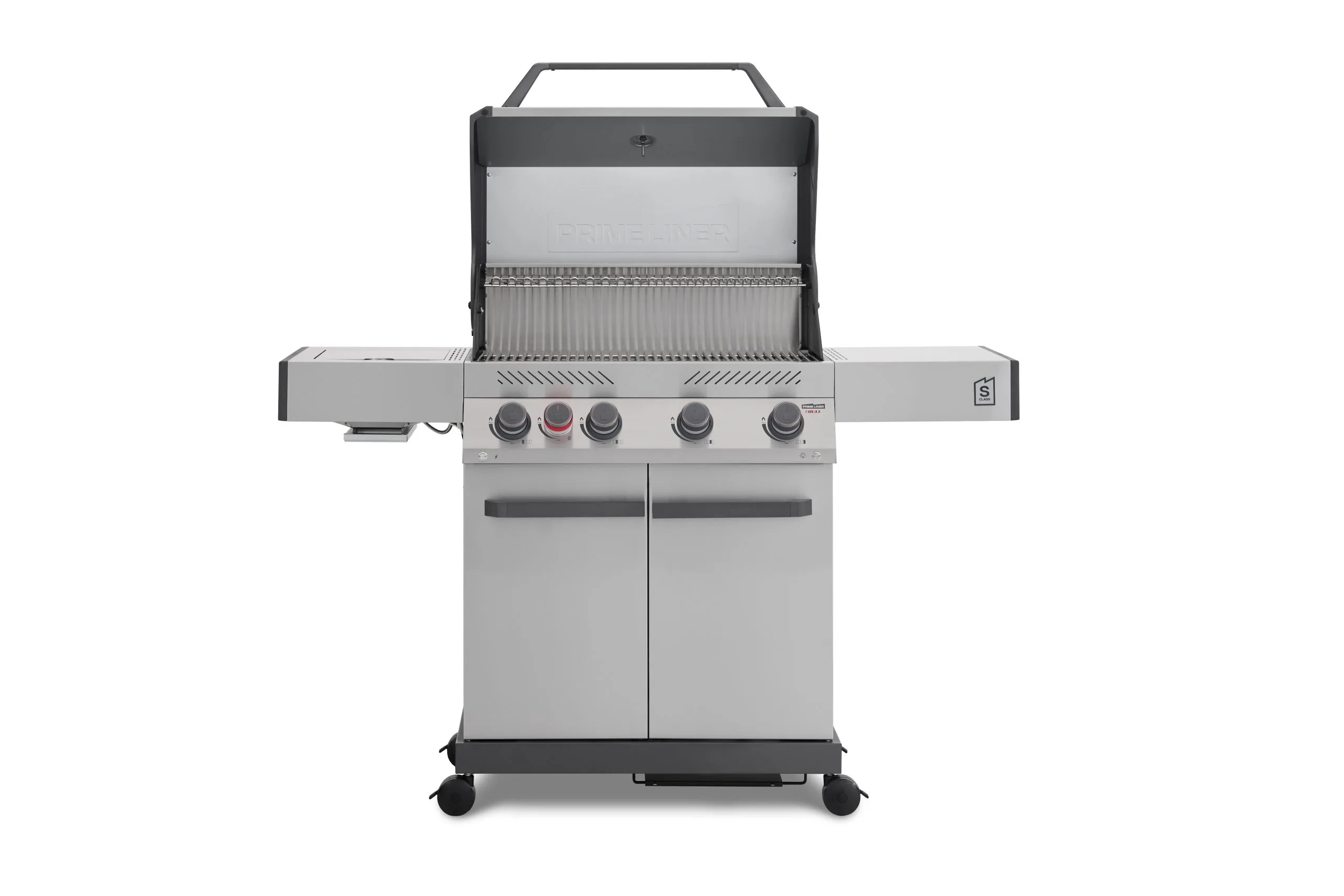 A direct front view of a stainless steel Primeliner S4 gas barbecue grill with its hood fully open, showcasing the heavy-duty cooking grates, internal warming rack, and five front control knobs.