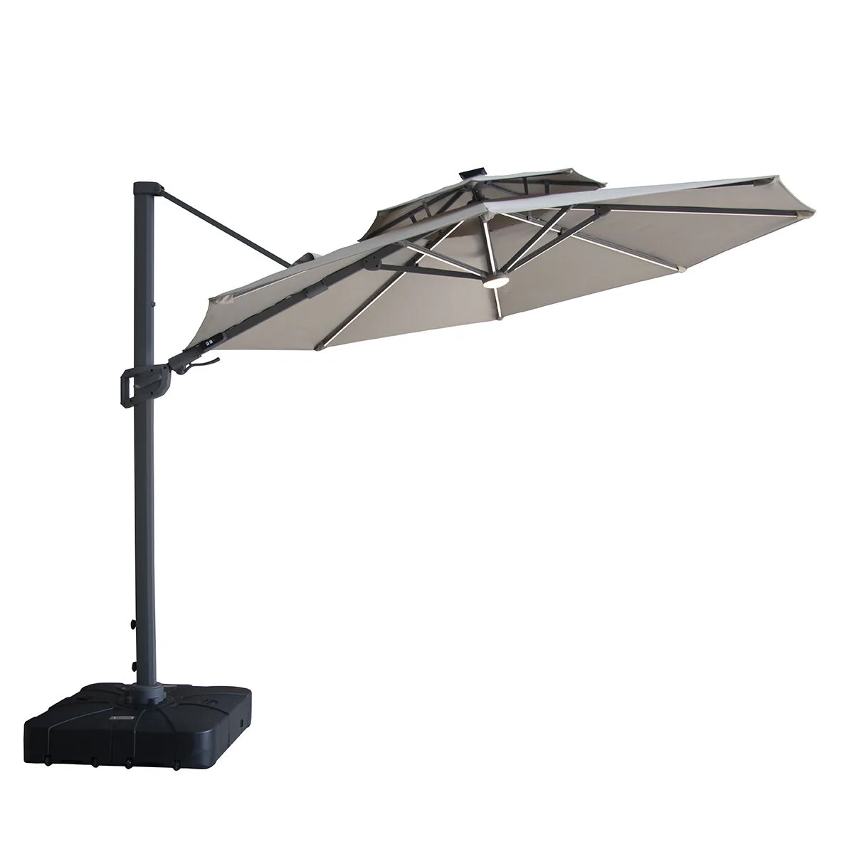 Full side profile of the Apollo 3m Solar LED Cantilever Parasol with grey powder-coated aluminium frame and wheeled base.