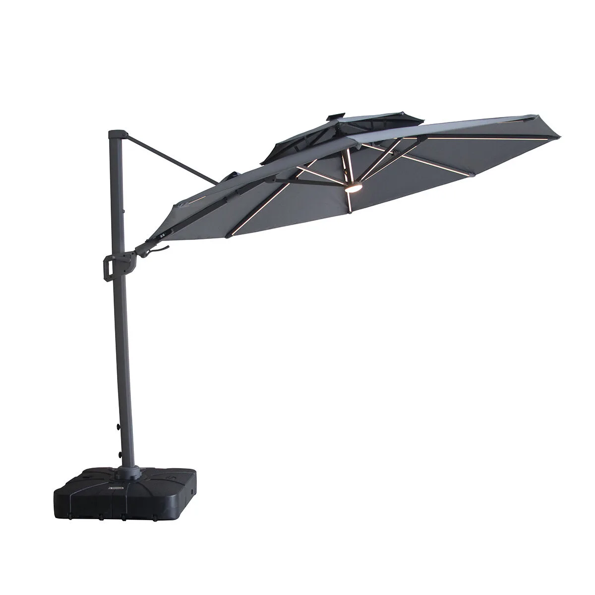 The Apollo Solar LED 3m Round Rotating Cantilever Parasol in Charcoal Grey sharply angled downwards using its horizontal tilt mechanism to block low morning or afternoon sun.