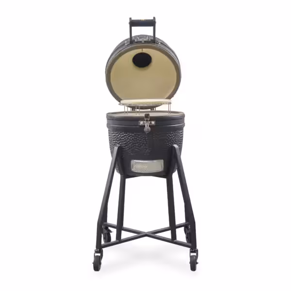 A direct front view of an open matte black GRLLR Ember Classic 16-inch ceramic kamado grill mounted on a mobile four-wheeled steel cart.