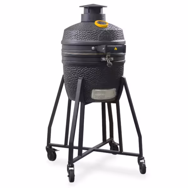 A front-angled studio shot of a compact matte black GRLLR Ember Classic 16-inch ceramic kamado grill without side shelves, mounted on a mobile four-wheeled steel cart.