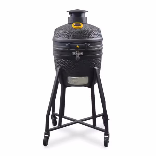 A direct front studio view of a compact matte black GRLLR Ember Classic 16-inch ceramic kamado grill mounted on a tall four-wheeled steel trolley.