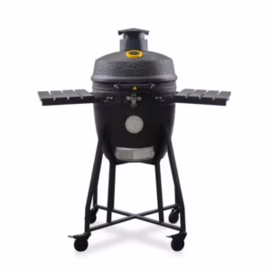 A direct full front studio view of a matte black GRLLR Ember Classic 18-inch ceramic kamado grill with extended side shelves mounted on a mobile cart base.