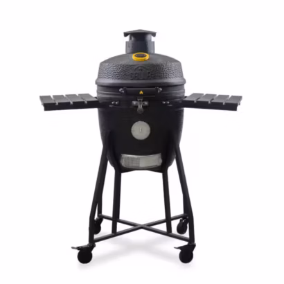 A direct full front studio view of a matte black GRLLR Ember Classic 18-inch ceramic kamado grill with extended side shelves mounted on a mobile cart base.