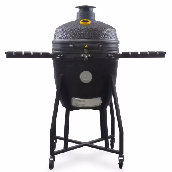 A direct full front studio view of a matte black GRLLR Ember Classic 22-inch ceramic kamado grill with extended side shelves mounted on a mobile cart base.
