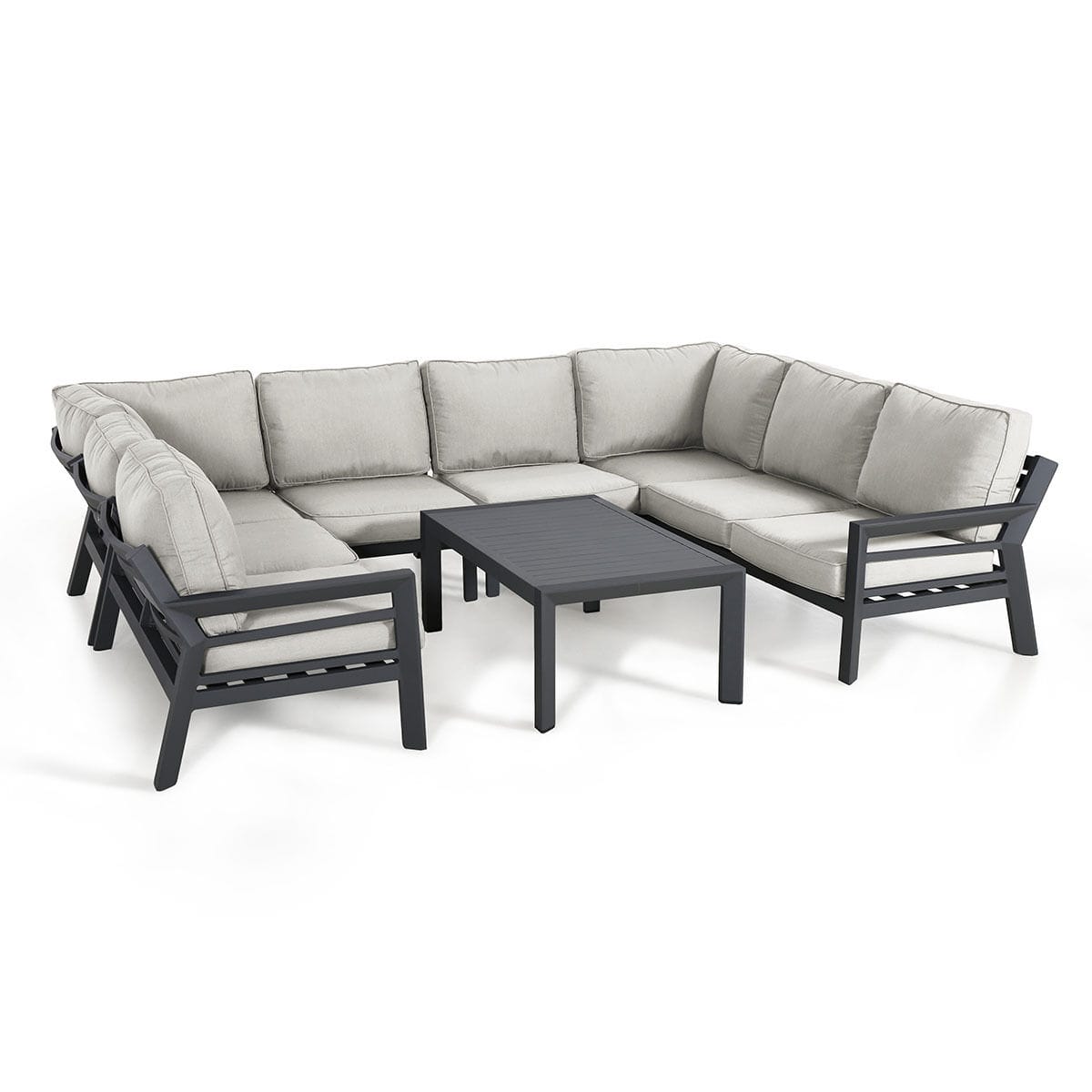 Studio shot of the luxury Maze New York U-shaped corner sofa set and slatted aluminium coffee table on a white background, showcasing the sturdy aluminium frame.