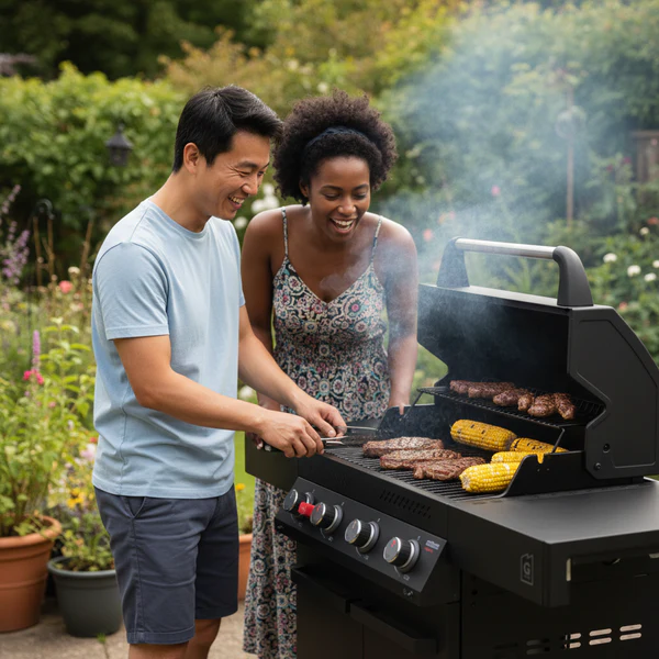 A smiling man and woman grilling steaks and corn on the cob on an open matte black Primeliner G4 gas barbecue in a lush garden patio setting.