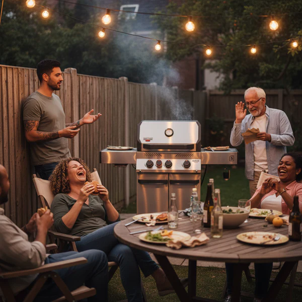 A warm evening family gathering in a backyard patio setting, with people laughing around a wooden dining table while a Primeliner S3 gas barbecue grills food under glowing string lights.