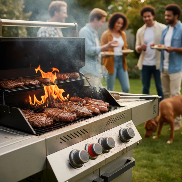 A close-up view of steaks, burgers, and sausages grilling over open flames on a Primeliner S3 gas barbecue, with a group of friends chatting in the background garden.