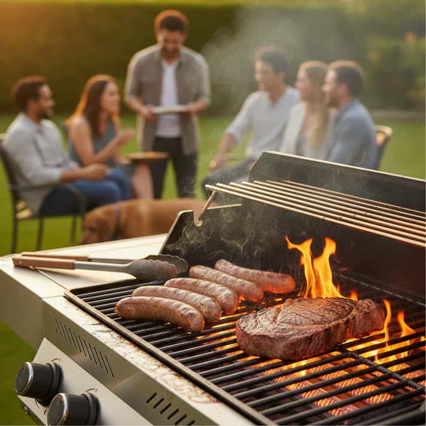 A close-up view of sausages and a large steak sizzling over open flames on a Primeliner S4 gas barbecue, with a blurred group of friends socializing in the background garden.