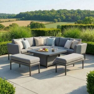 The Maze - Outdoor Fabric Pulse Deluxe Square Corner Dining Set with Rising Table - Zinc Grey with the table lowered for a casual lounge setting, featured at Roberts Leisure in the Isle of Man.