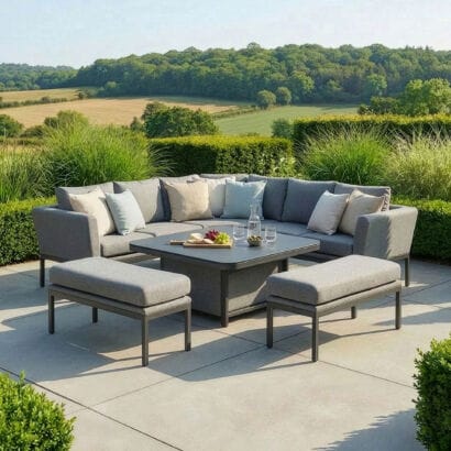 The Maze - Outdoor Fabric Pulse Deluxe Square Corner Dining Set with Rising Table - Zinc Grey with the table lowered for a casual lounge setting, featured at Roberts Leisure in the Isle of Man.