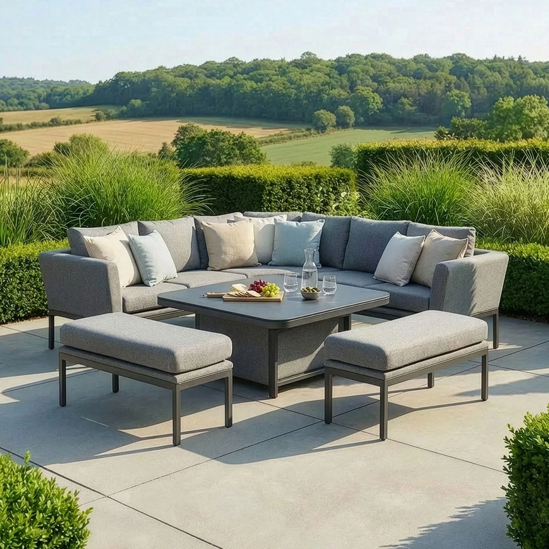 The Maze - Outdoor Fabric Pulse Deluxe Square Corner Dining Set with Rising Table - Zinc Grey with the table lowered for a casual lounge setting, featured at Roberts Leisure in the Isle of Man.