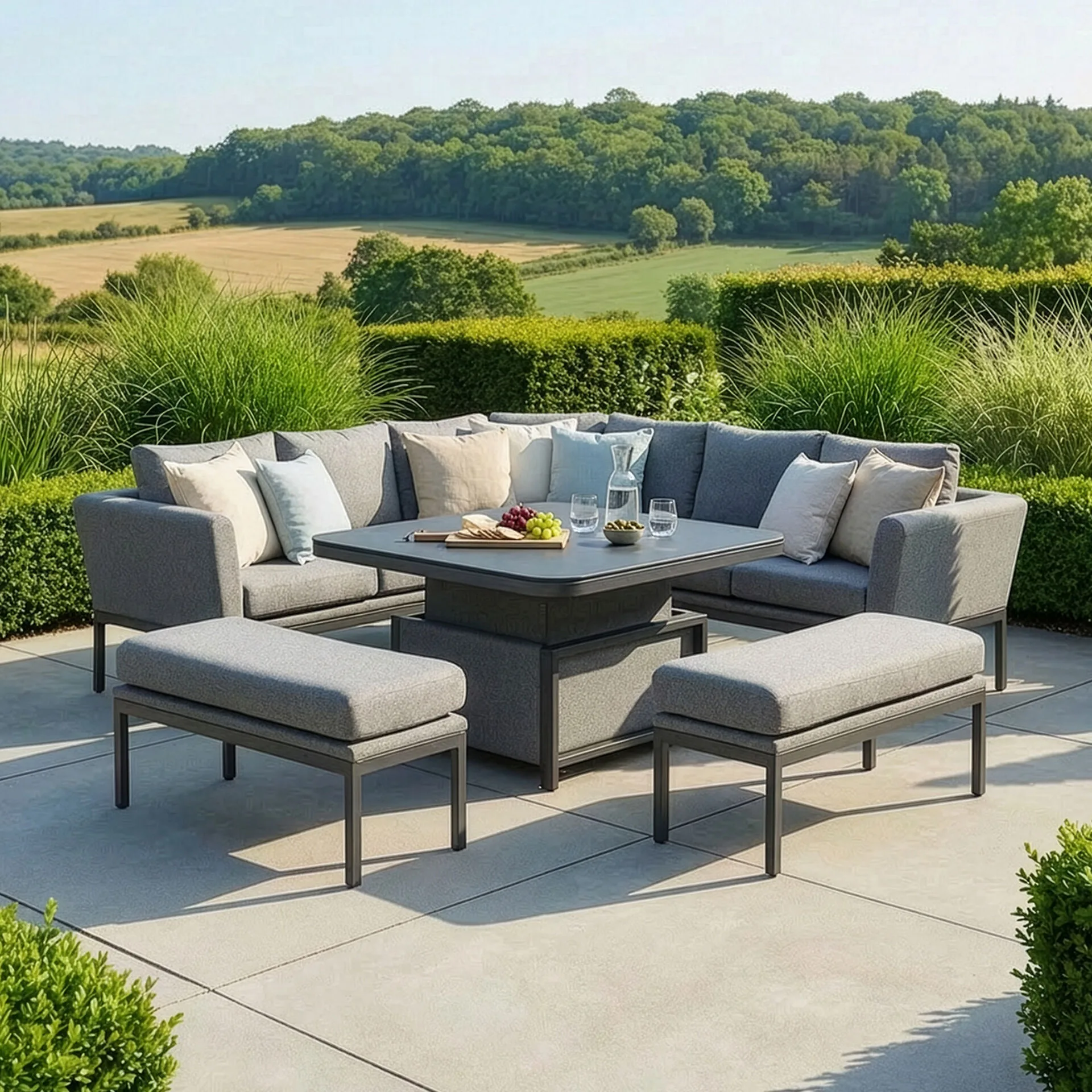 The Maze - Outdoor Fabric Pulse Deluxe Square Corner Dining Set with Rising Table - Zinc Grey arranged for alfresco dining on a sunny patio, available at Roberts Leisure, Isle of Man.