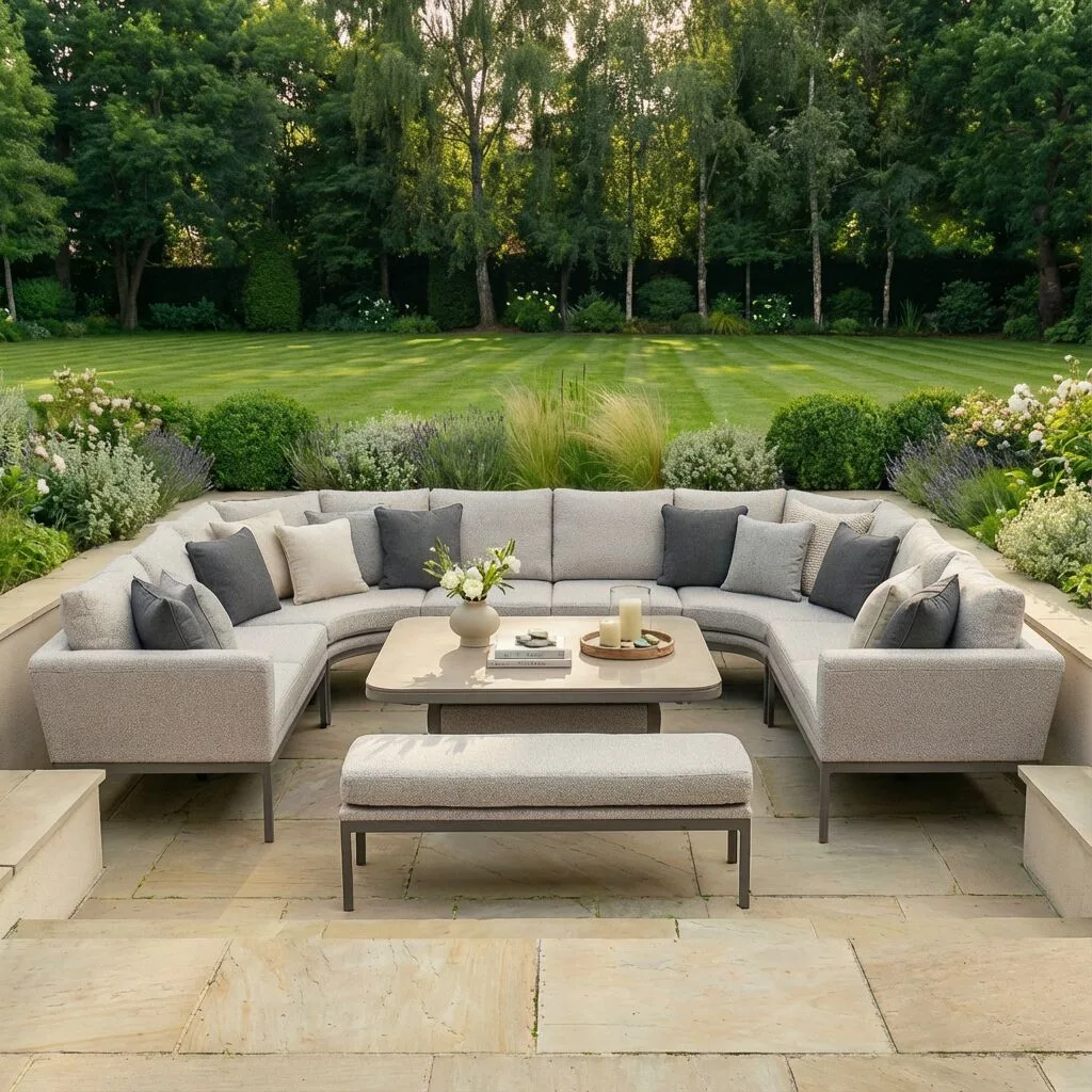 Front view of the comprehensive Maze - Outdoor Fabric Pulse U Shape Corner Dining Set with Rising Table - Latte with cafe frame, showcasing the large U-shaped seating area at Roberts Leisure, Isle of Man.
