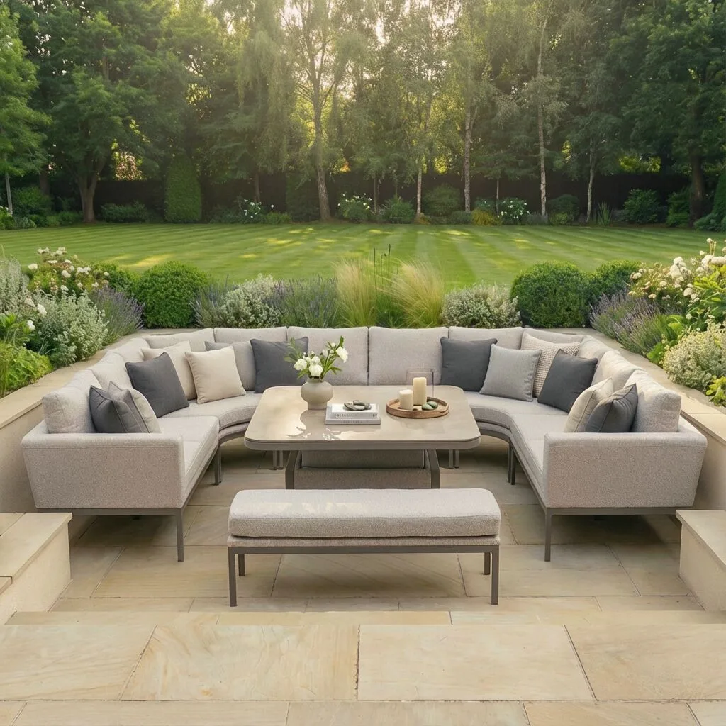 The Maze - Outdoor Fabric Pulse U Shape Corner Dining Set with Rising Table - Latte with cafe frame arranged as a relaxed lounge setting on a stone patio at Roberts Leisure, Isle of Man.
