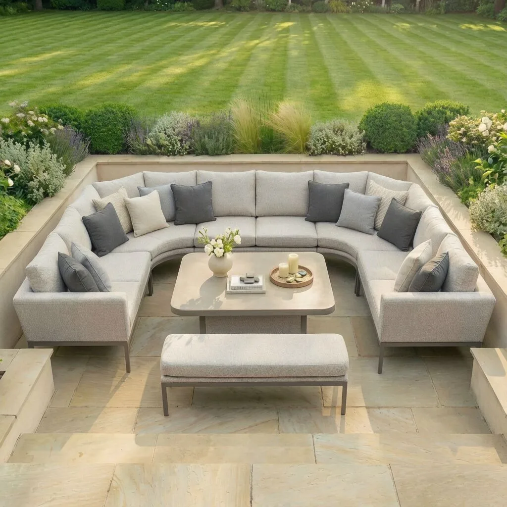 The Maze - Outdoor Fabric Pulse U Shape Corner Dining Set with Rising Table - Latte with cafe frame set up for dining with the rising table elevated, from Roberts Leisure, Isle of Man.