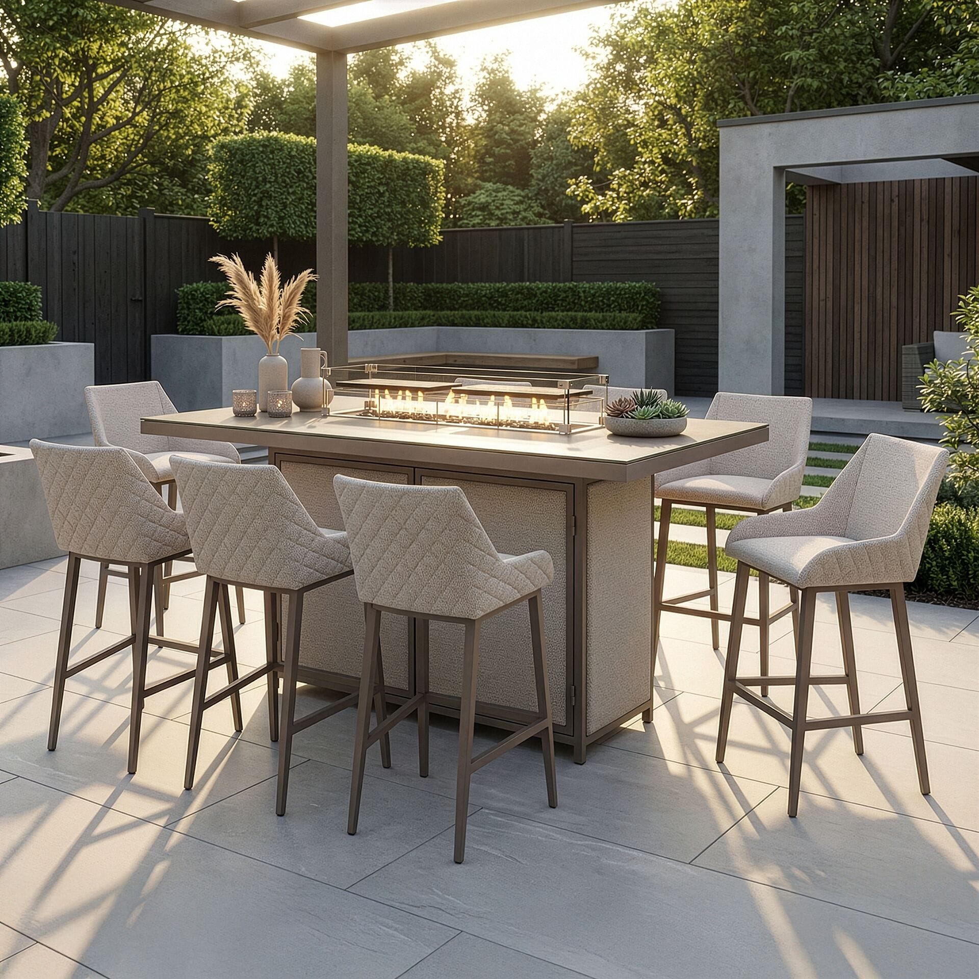 Complete view of the 8-seater Maze - Outdoor Fabric Regal 8 Seat Rectangular Bar Set Latte with café frame featuring a lit firepit on a patio at Roberts Leisure, Isle of Man.