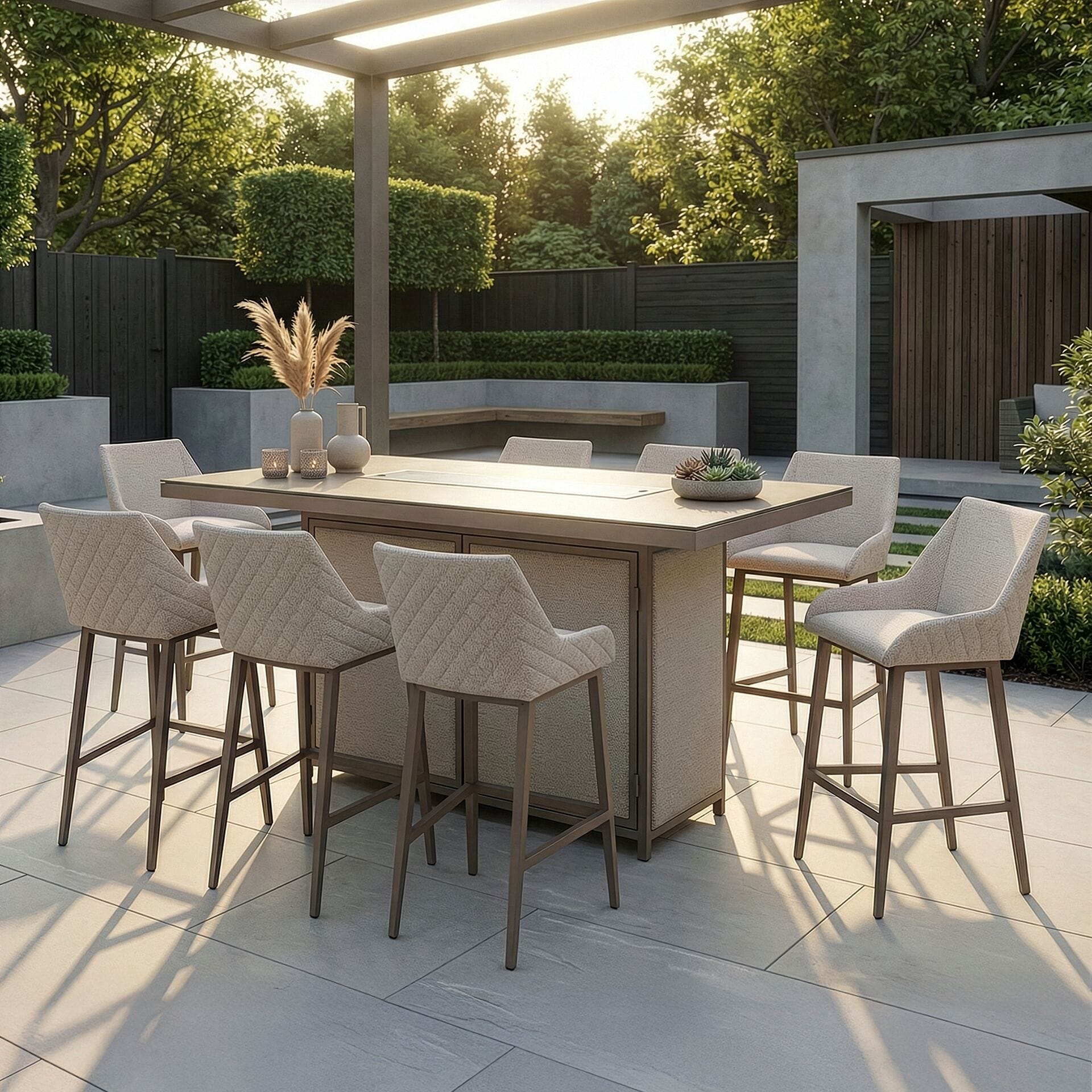 The Maze - Outdoor Fabric Regal 8 Seat Rectangular Bar Set Latte with café frame elegantly styled on a modern patio during golden hour from Roberts Leisure, Isle of Man.