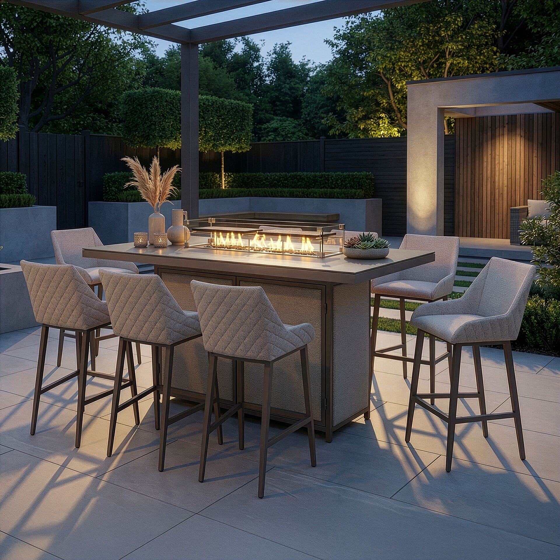 Evening view of the Maze - Outdoor Fabric Regal 8 Seat Rectangular Bar Set Latte with café frame with its firepit lit under a pergola at Roberts Leisure, Isle of Man.