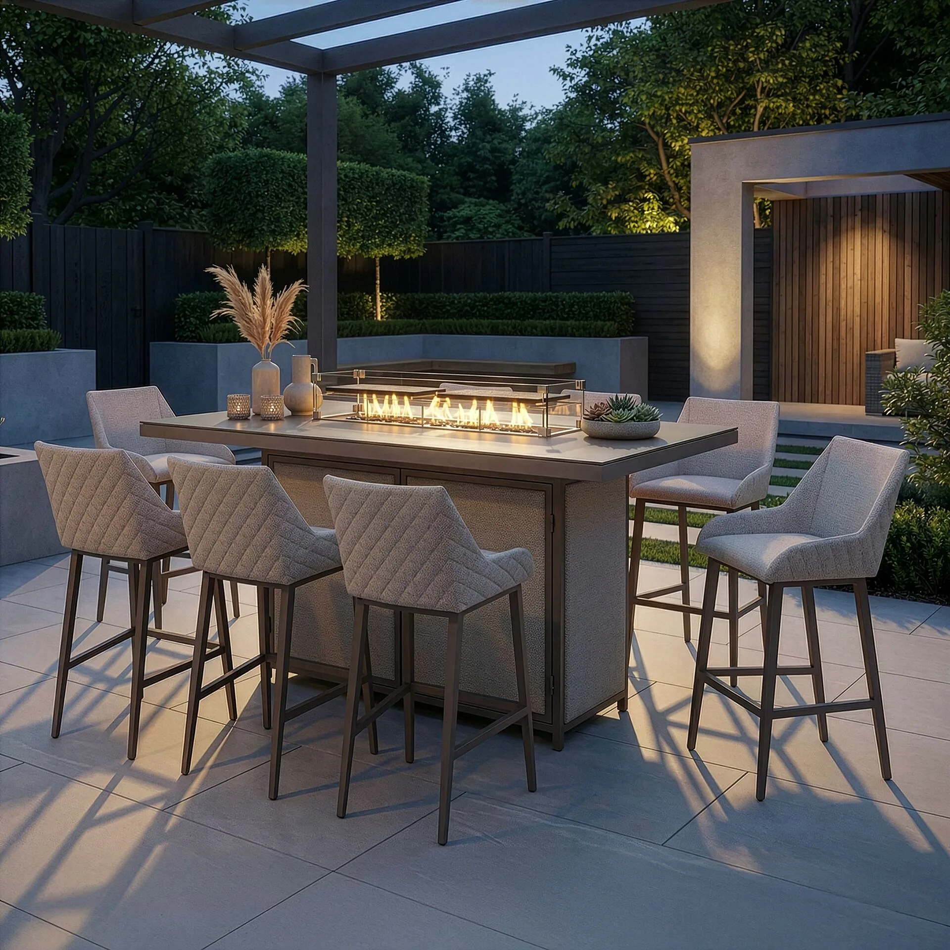 Evening view of the Maze - Outdoor Fabric Regal 8 Seat Rectangular Bar Set Latte with café frame with its firepit lit under a pergola at Roberts Leisure, Isle of Man.