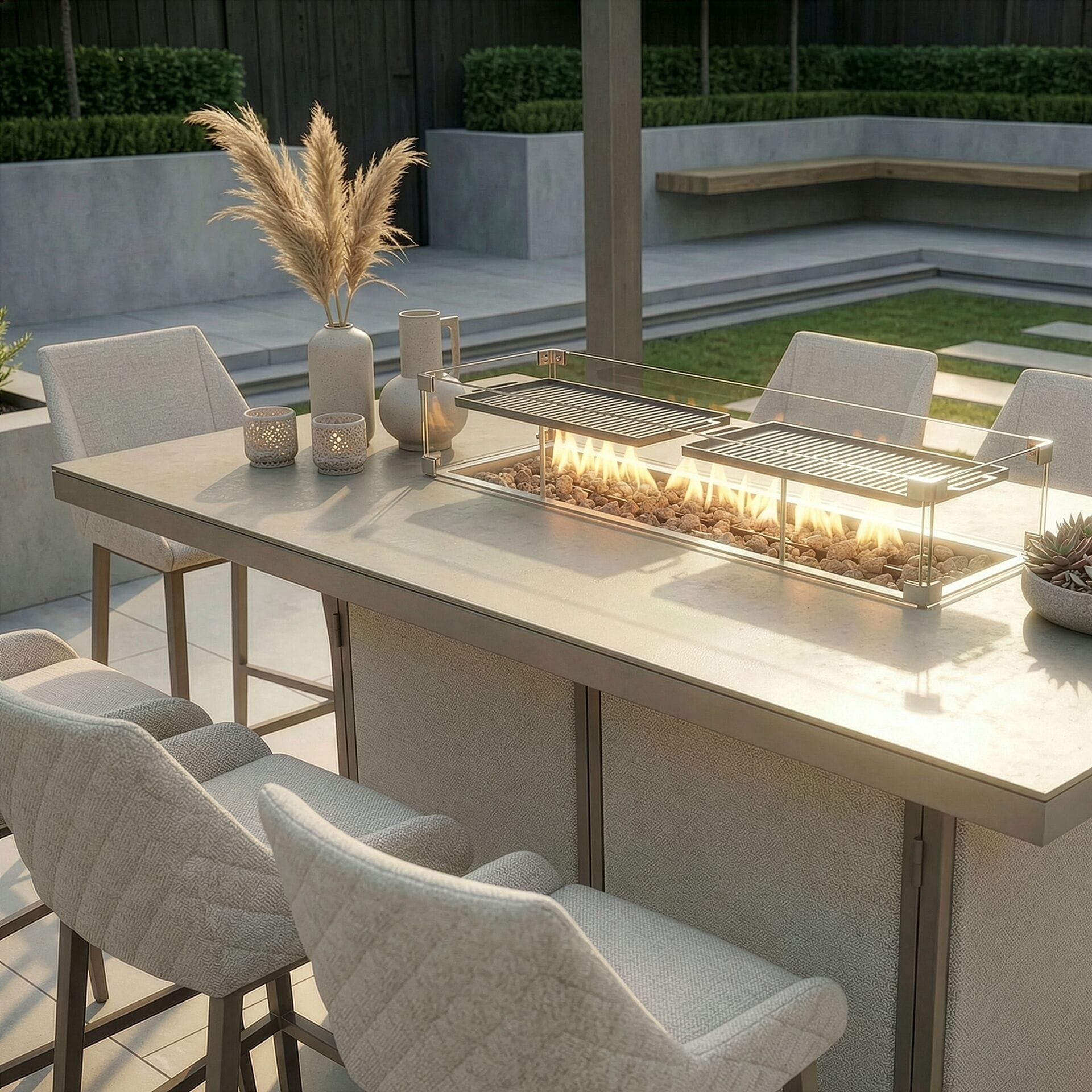 The ceramic tempered glass table and integrated gas firepit of the Maze - Outdoor Fabric Regal 8 Seat Rectangular Bar Set Latte with café frame at Roberts Leisure, Isle of Man.