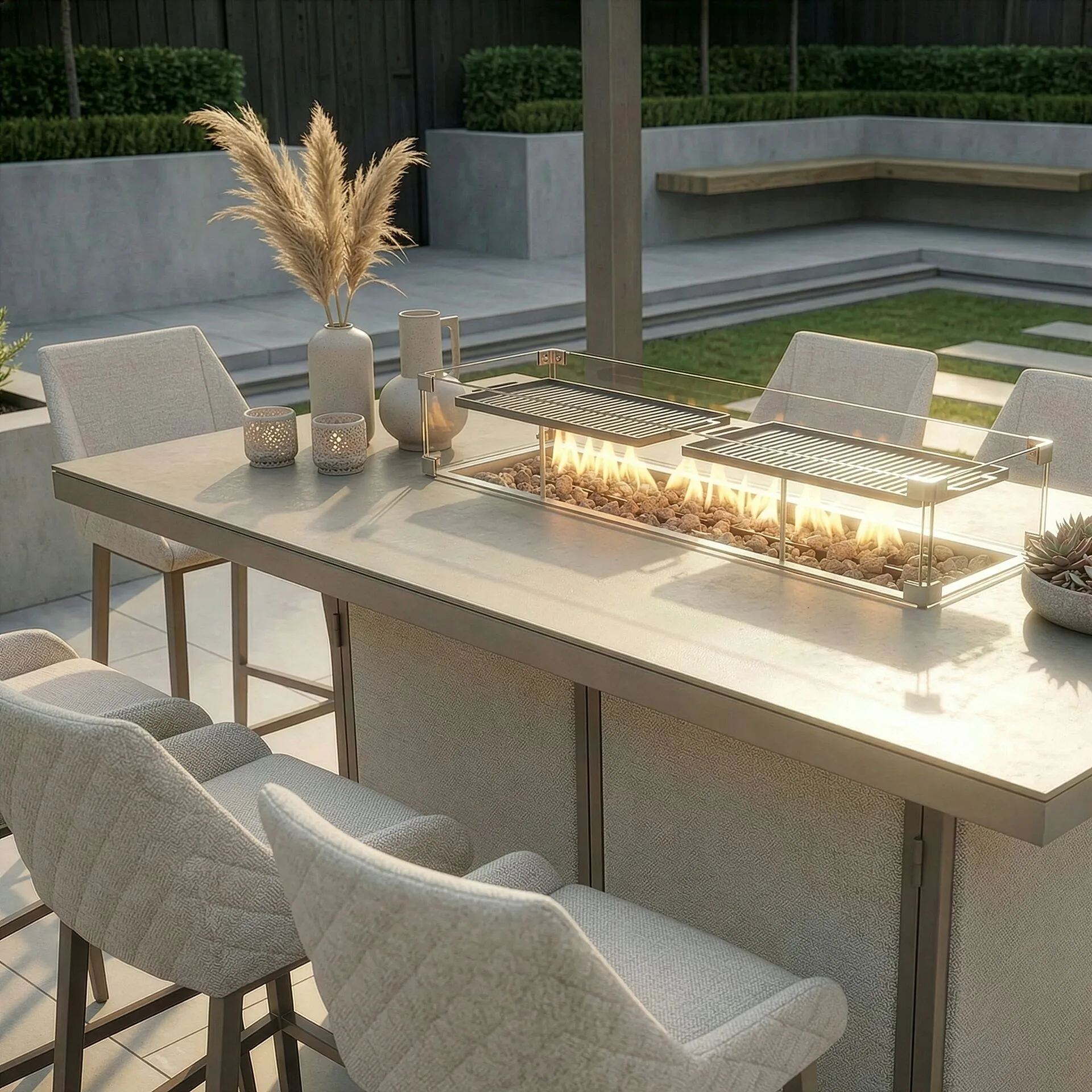 The ceramic tempered glass table and integrated gas firepit of the Maze - Outdoor Fabric Regal 8 Seat Rectangular Bar Set Latte with café frame at Roberts Leisure, Isle of Man.
