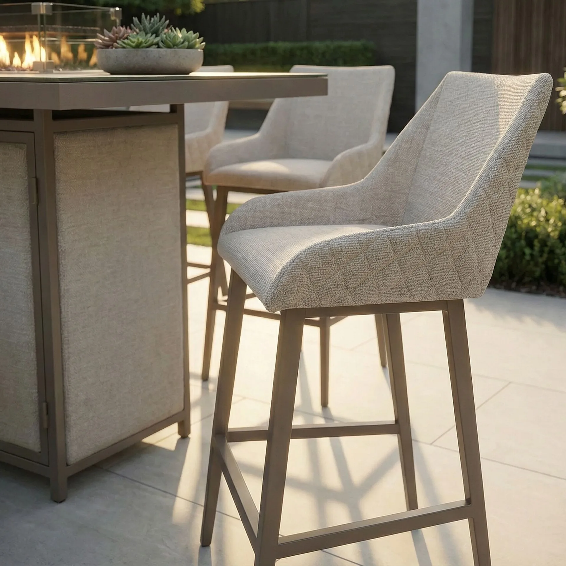 Close-up of a quilted high-rise bar stool from the Maze - Outdoor Fabric Regal 8 Seat Rectangular Bar Set Latte with café frame, available at Roberts Leisure, Isle of Man.