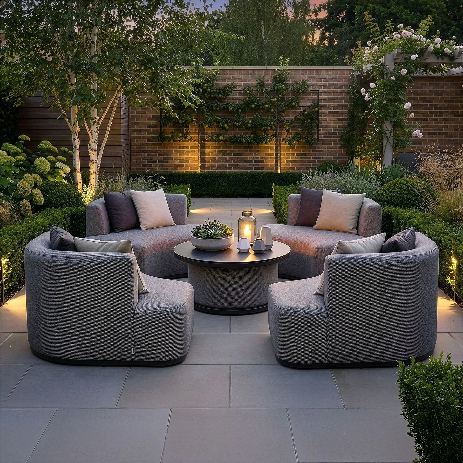 The Outdoor Fabric Snug Lifestyle Suite with Rising Table - Zinc Grey illuminated at dusk on a modern patio space at Roberts Leisure, Isle of Man.