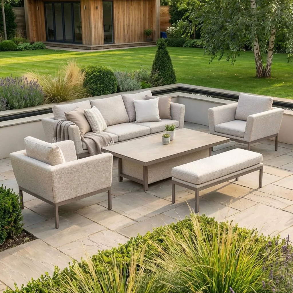 Great view of the Pulse 3 Seat Sofa Set in Latte with a Café frame, arranged for lounging on a sunlit stone patio in the Isle of Man.