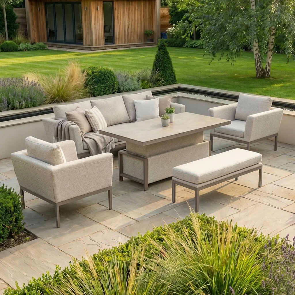 The Maze Pulse 3 Seat Sofa Set in Latte and Café arranged on a patio, with the central lock-in table raised for al fresco dining.