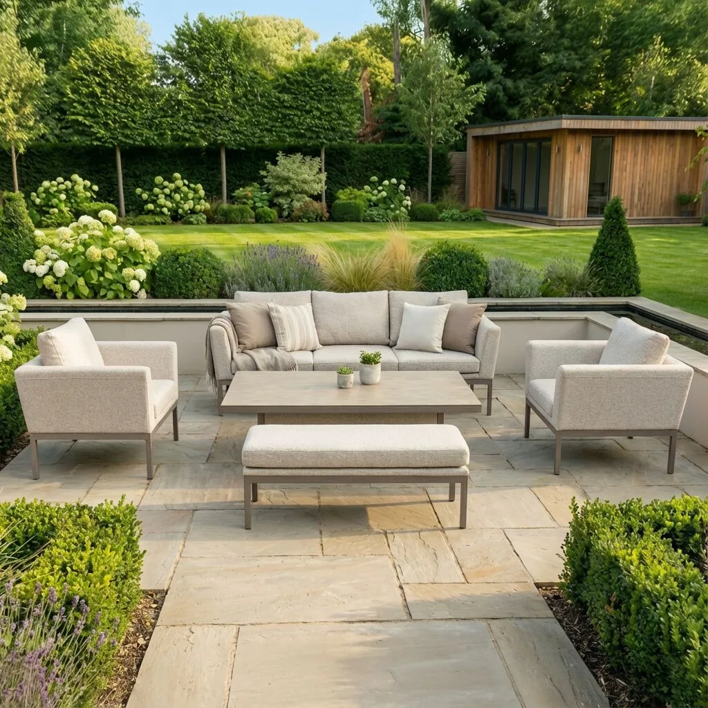 Straight-on view of the Maze Pulse outdoor fabric sofa set in Latte, featuring the lowered coffee table on a paved patio with a manicured garden backdrop.
