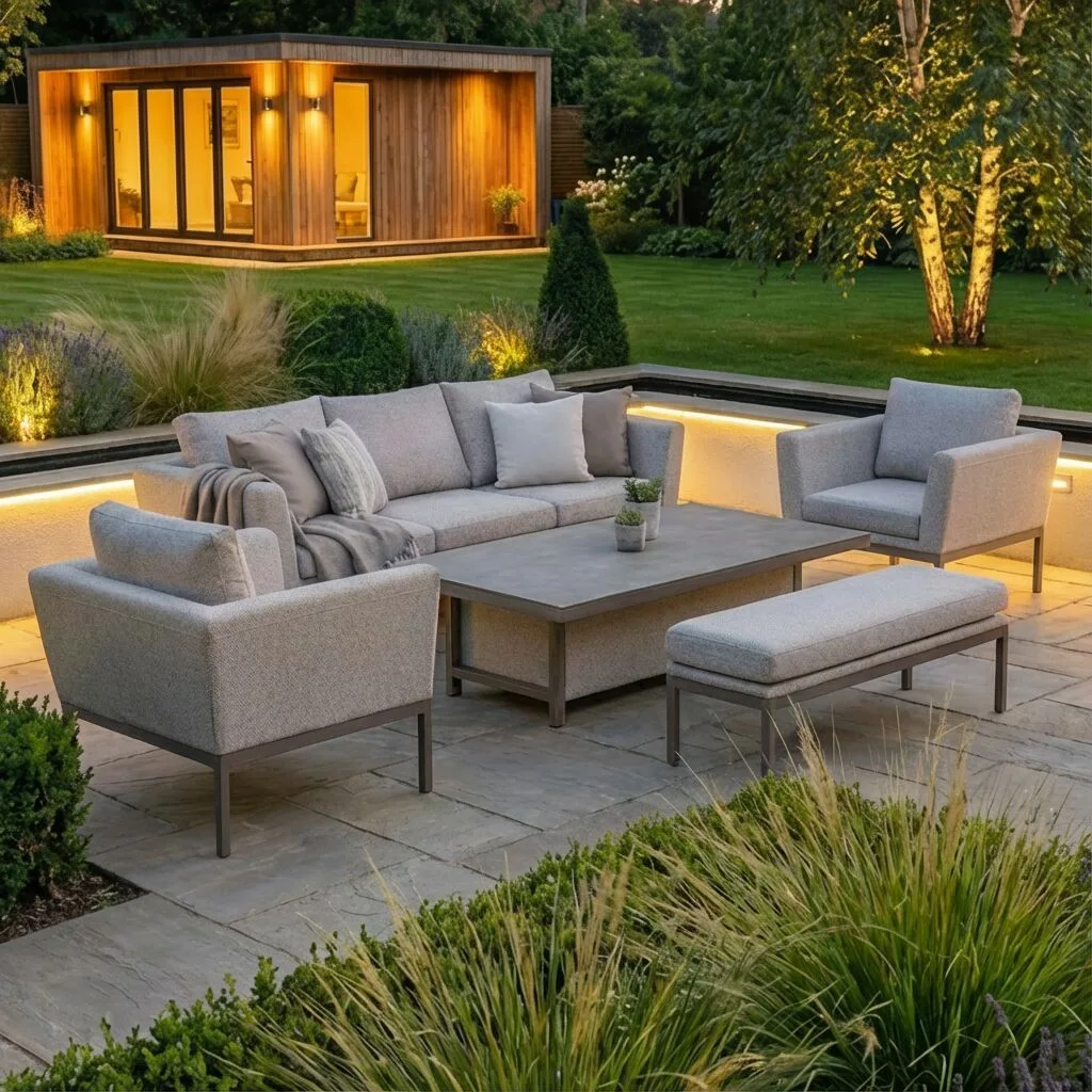 The Maze Pulse 3 Seat Sofa Set in Latte arranged for evening lounging on a patio, beautifully illuminated by warm garden border lighting.