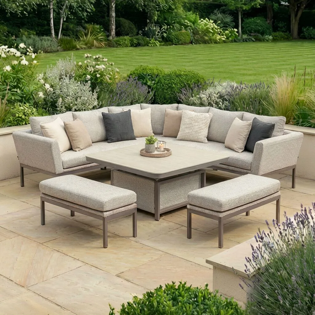 Wide view of the Maze - Outdoor Fabric Pulse Deluxe Square Corner Dining Set with Rising Table - Latte with cafe frame in a lush garden setting at Roberts Leisure, Isle of Man.