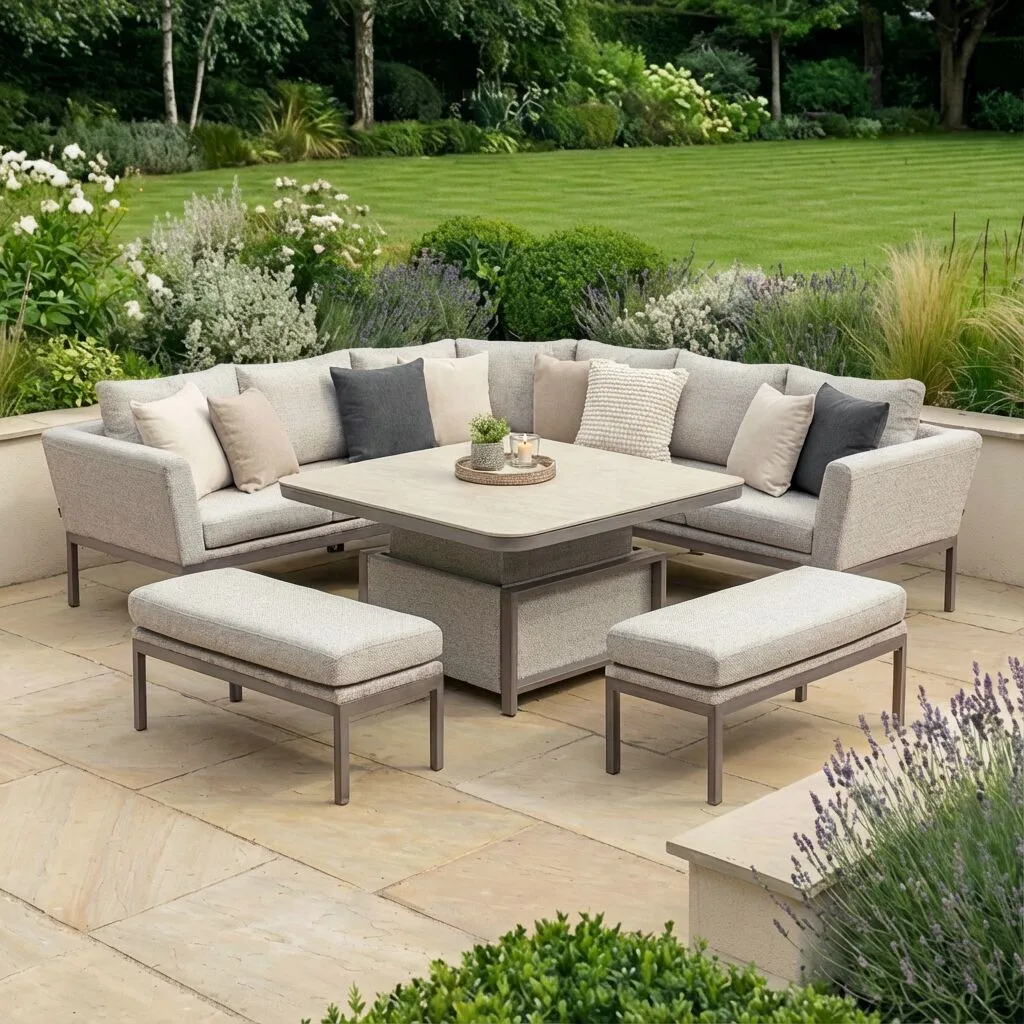 The Maze - Outdoor Fabric Pulse Deluxe Square Corner Dining Set with Rising Table - Latte with cafe frame configured for dining on an Isle of Man patio, available from Roberts Leisure.