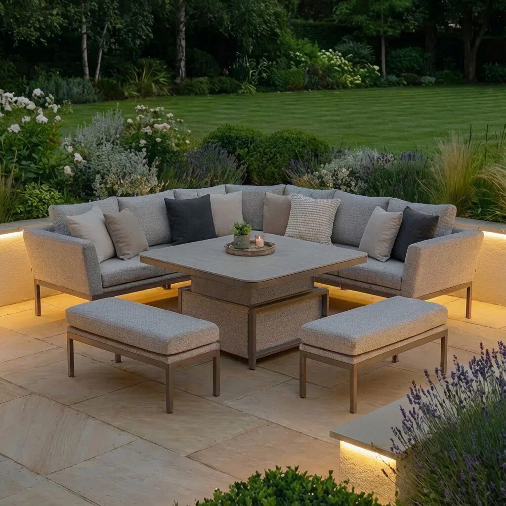 Outdoor Fabric Pulse Deluxe Square Corner Dining Set with Rising Table - Image 8